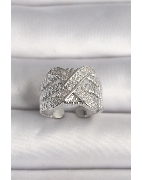 ® Pirinç Gümüş Renk Ayarlanabilir Zirkon Taşlı X Model Kadın Yüzük