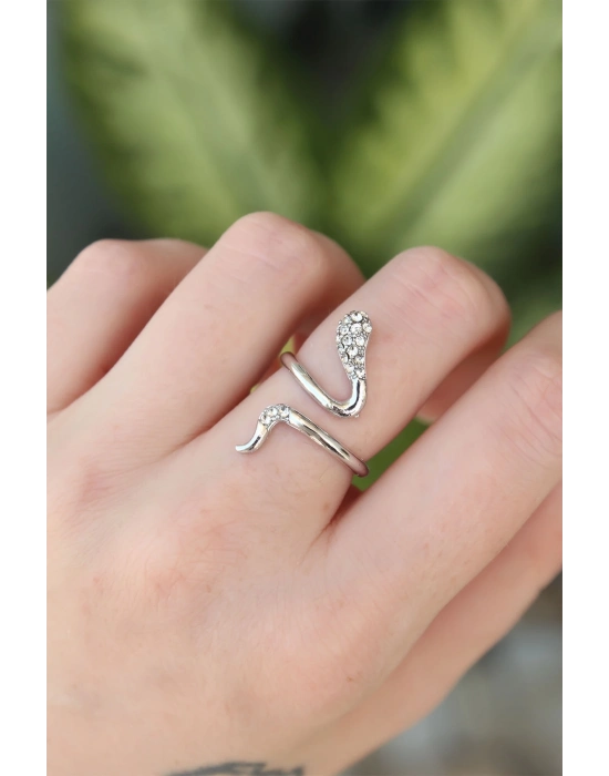 ® Pirinç Gümüş Renk Ayarlanabilir Zirkon Taşlı Yılan Yüzük