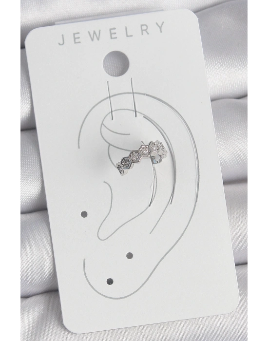 ® Pirinç Gümüş Renk Bal Peteği Model Zirkon Taşlı Kadın Kıkırdak Küpe