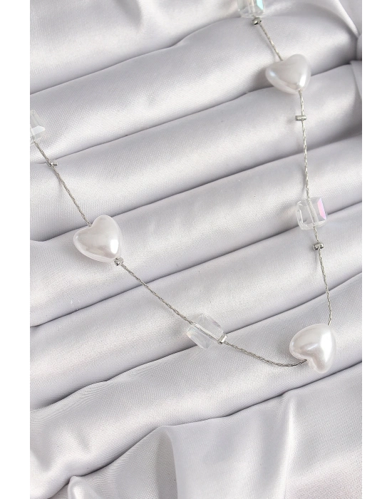 ® Pirinç Gümüş Renk Beyaz İnci Kalp Model Kadın Kolye