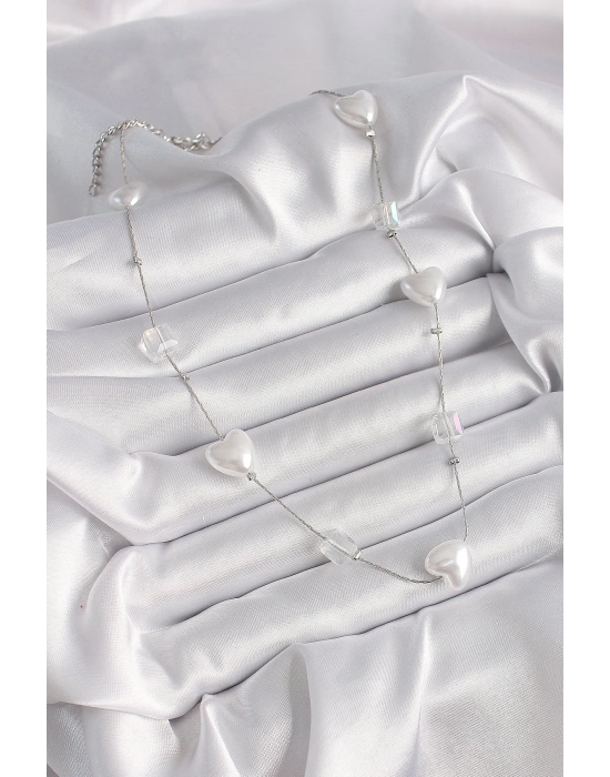 ® Pirinç Gümüş Renk Beyaz İnci Kalp Model Kadın Kolye