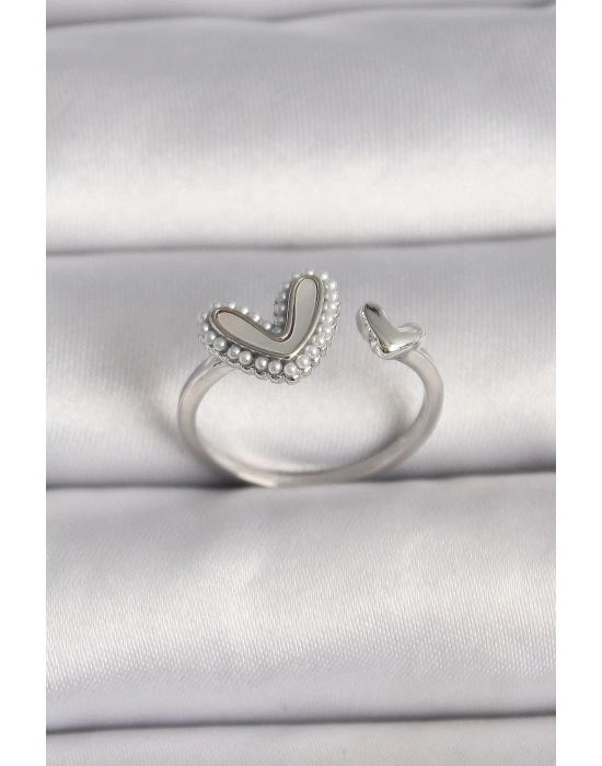 ® Pirinç Gümüş Renk Beyaz Mineli İnci Detaylı Kalp Model Ayarlanabilir Yüzük