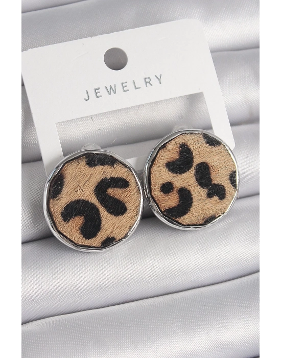 ® Pirinç Gümüş Renk Daire Plaka Model Leopar Desenli Kadın Küpe