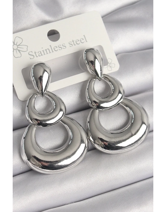 ® Pirinç Gümüş Renk Damla Detay Sallantı Halka Model Kadın Küpe