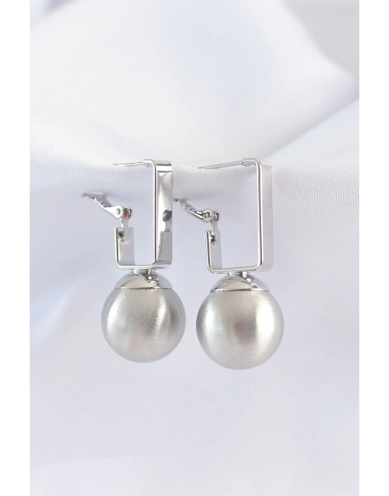 ® Pirinç Gümüş Renk Dikdörtgen Detay Oval Küpe