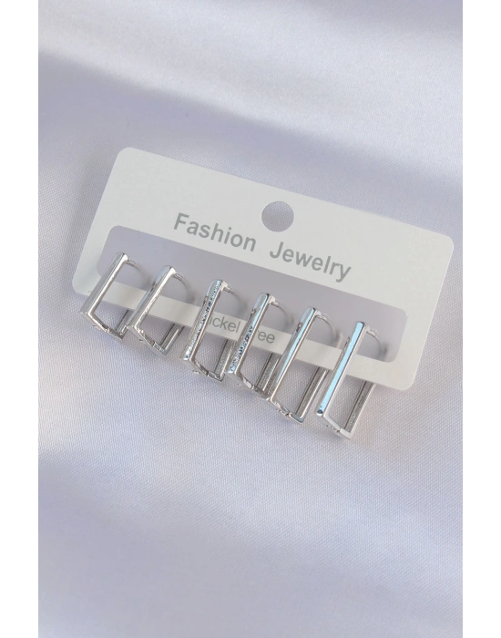 ® Pirinç Gümüş Renk Dikdörtgen Model Küpe Seti