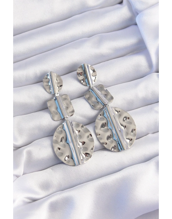 ® Pirinç Gümüş Renk Geometrik Ezme Plaka Küpe