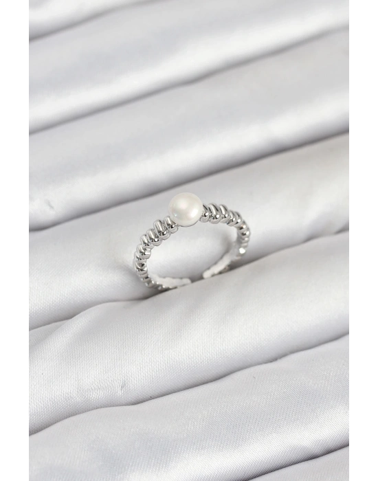 ® Pirinç Gümüş Renk Göbek İnci Model Kadın Yüzük