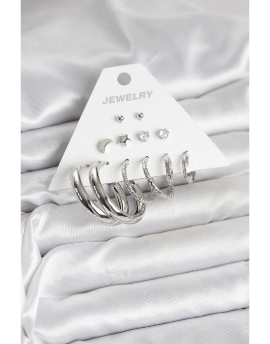 ® Pirinç Gümüş Renk Halka Modelli 6 Çift Kadın Küpe