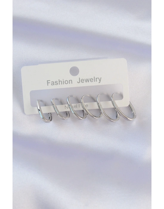 ® Pirinç Gümüş Renk İnce Oval Küpe Seti