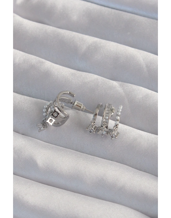 ® Pirinç Gümüş Renk İncili Çoklu Zirkon Taşlı Yarım Halka Küpe