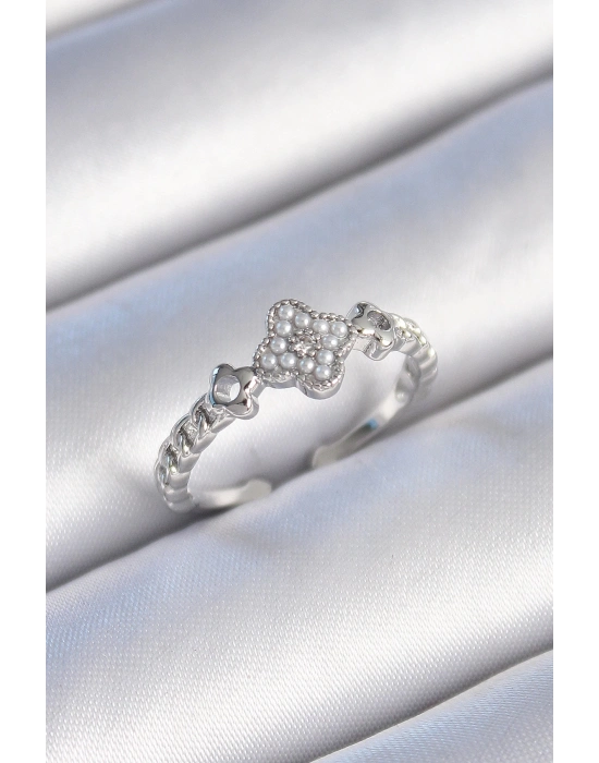 ® Pirinç Gümüş Renk İncili Yonca Model Zirkon Taş Detaylı Kadın Yüzük