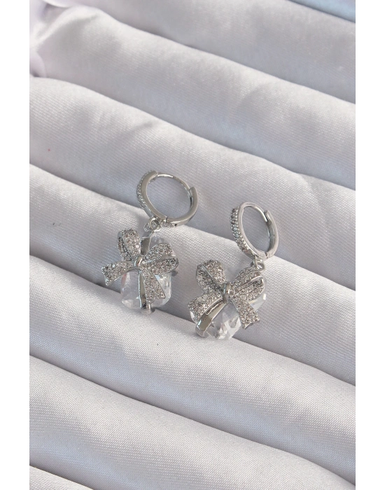 ® Pirinç Gümüş Renk İri Zirkon Taşlı Fiyonk Model Halka Küpe