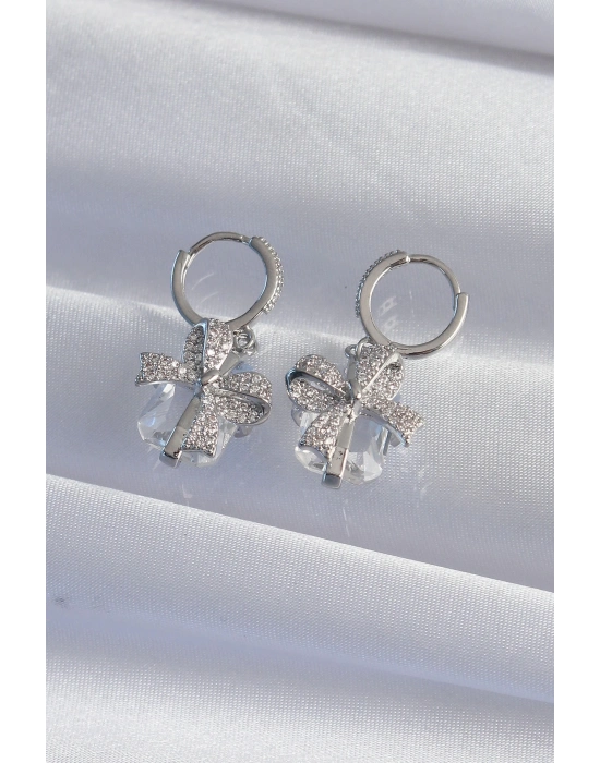 ® Pirinç Gümüş Renk İri Zirkon Taşlı Fiyonk Model Halka Küpe