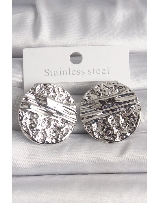 ® Pirinç Gümüş Renk İşlemeli Daire Plaka Model Kadın Küpe