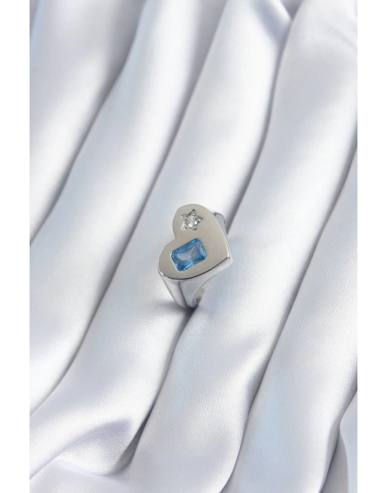 ® Pirinç Gümüş Renk Kalp Model Yıldız Zirkon Taş Detay Kadın Yüzük