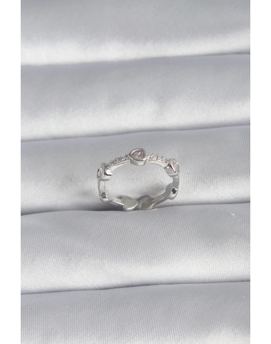 ® Pirinç Gümüş Renk Kalp Model Zirkon Taş Detay Kadın Yüzük