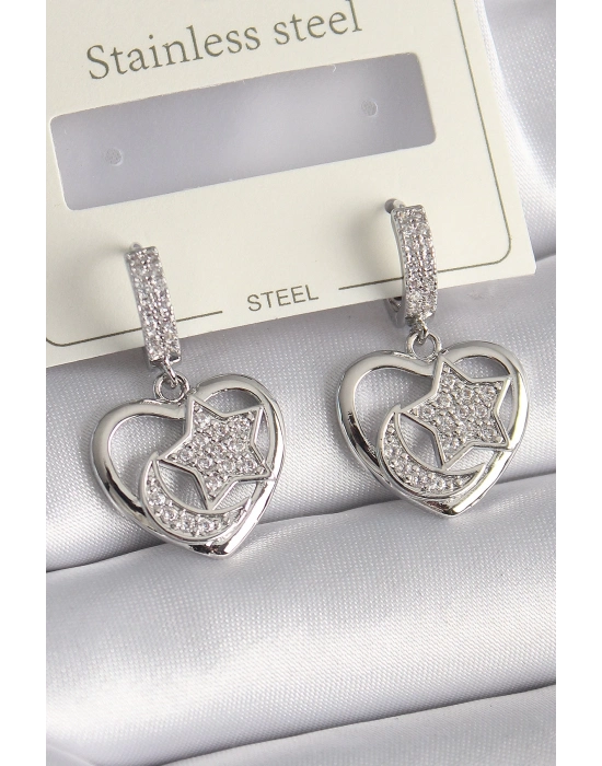 ® Pirinç Gümüş Renk Kalp Model Zirkon Taşlı Ay Yıldız İşlemeli Kadın Küpe