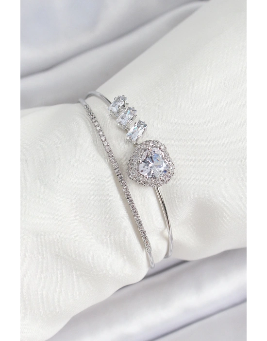 ® Pirinç Gümüş Renk Kalpli Zirkon Taşlı Kadın Bileklik