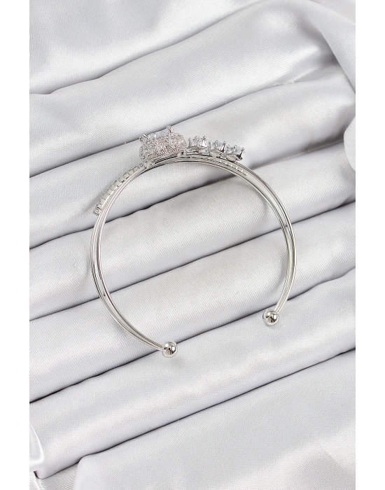 ® Pirinç Gümüş Renk Kalpli Zirkon Taşlı Kadın Bileklik