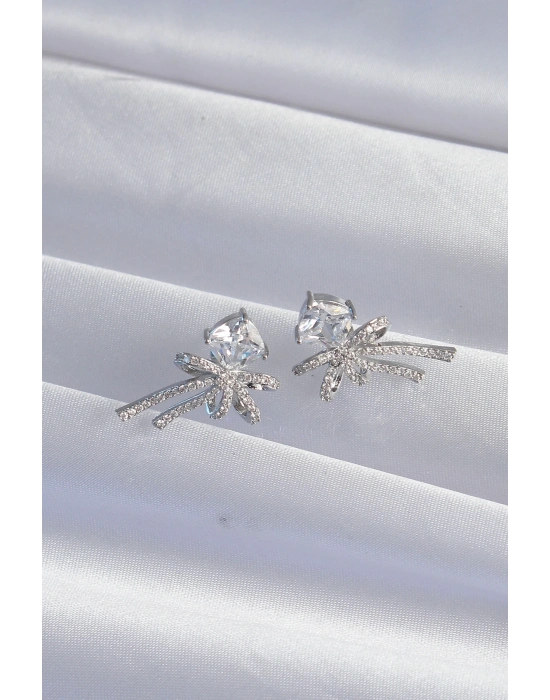 ® Pirinç Gümüş Renk Kare Zirkon Taşlı Fiyonk Küpe