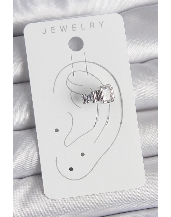 ® Pirinç Gümüş Renk Kare Zirkon Taşlı Kadın Kıkırdak Model Küpe