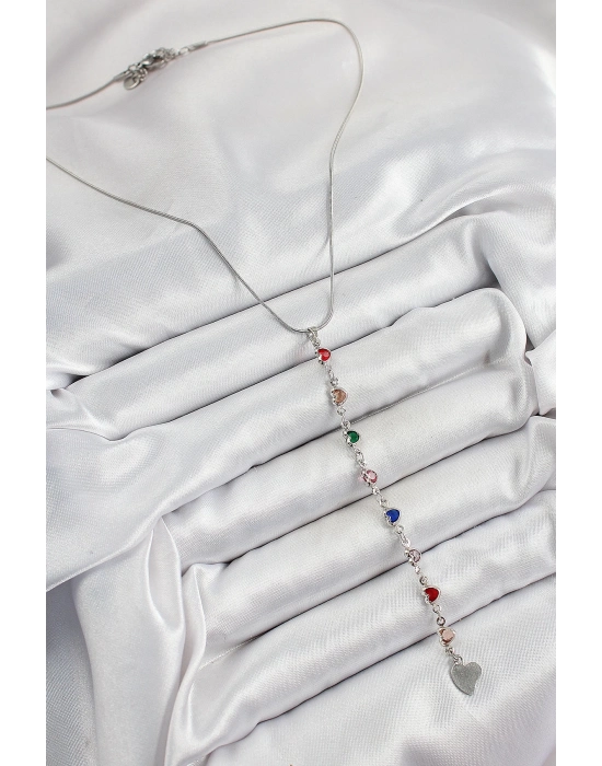 ® Pirinç Gümüş Renk Karışık Renk Zirkon Taşlı Kalpli Y Kadın Kolye