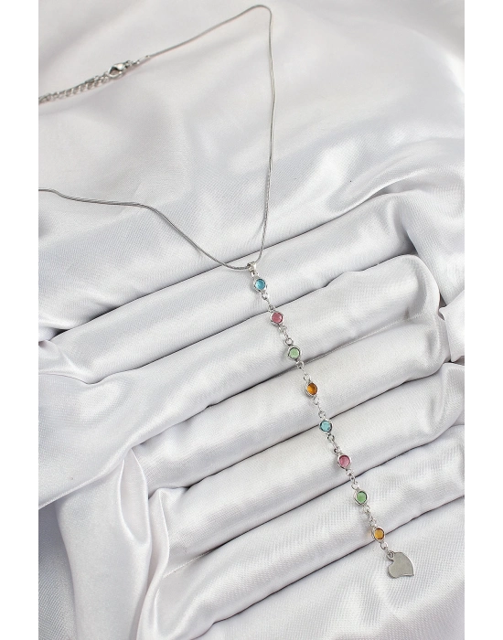 ® Pirinç Gümüş Renk Karışık Renk Zirkon Taşlı Y Kadın Kolye