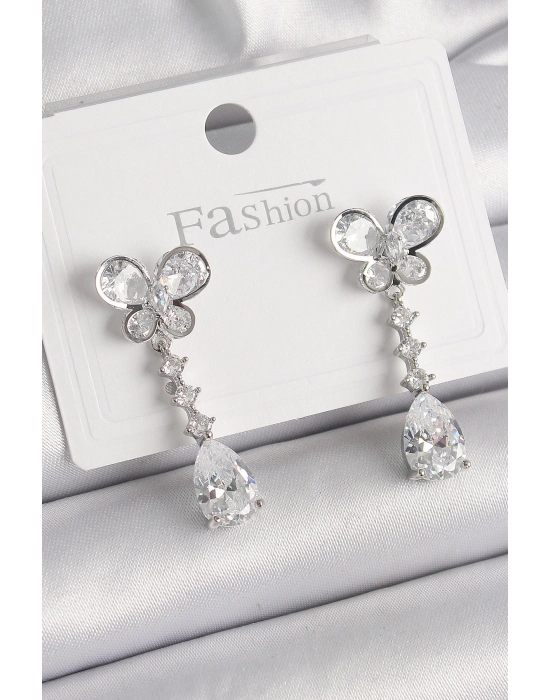 ® Pirinç Gümüş Renk Kelebek Model Sallantı Damla Zirkon Taşlı Kadın Küpe