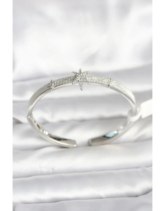 ® Pirinç Gümüş Renk Kutup Yıldızı Model Kadın Kelepçe Bileklik