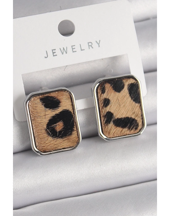 ® Pirinç Gümüş Renk Leopar Desenli Kare Model Kadın Küpe