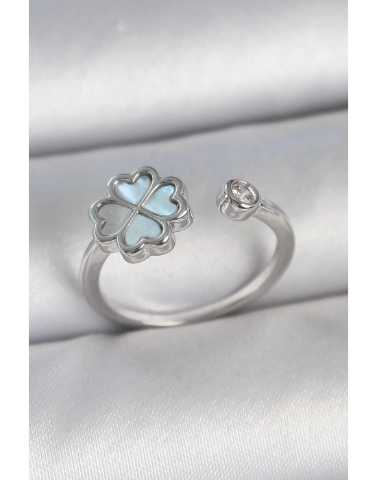 ® Pirinç Gümüş Renk Mavi Mineli Yonca Model Zirkon Taş Detay Ayarlanabilir Kadın Yüzük