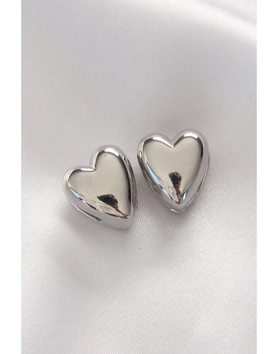 ® Pirinç Gümüş Renk Minimal Bombeli Kalp Küpe