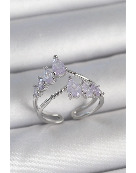 ® Pirinç Gümüş Renk Mor Damla Zirkon Taşlı Taç Model Kadın Yüzük