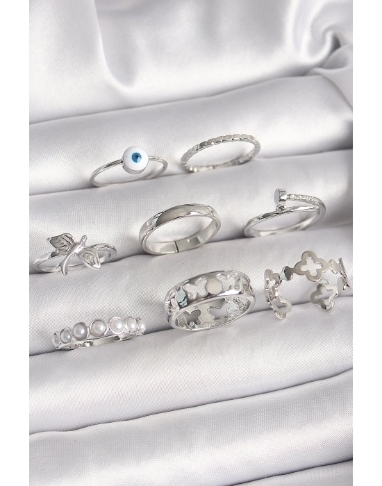 ® Pirinç Gümüş Renk Nazar Boncuk Detay İncili Kelebek İşlemeli Kadın Yüzük Kombini