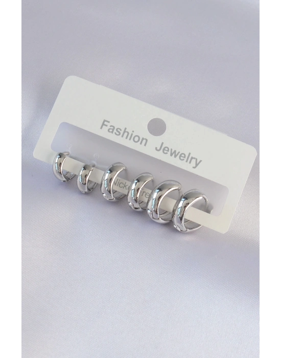 ® Pirinç Gümüş Renk Oval Bombeli Küpe Seti