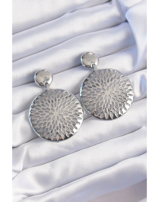 ® Pirinç Gümüş Renk Oval İşlemeli Küpe