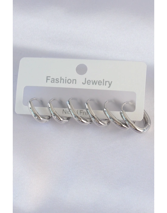 ® Pirinç Gümüş Renk Oval Küpe Seti