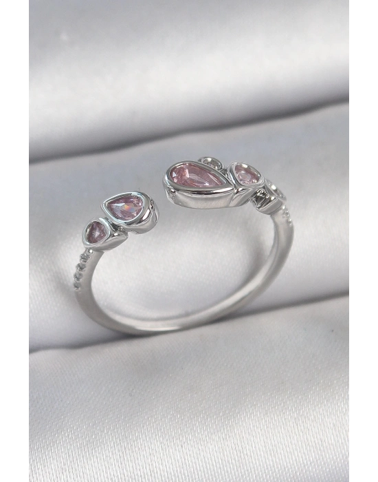 ® Pirinç Gümüş Renk Pembe Damla Zirkon Taşlı Ayarlanabilir Model Kadın Yüzük