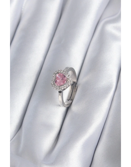 ® Pirinç Gümüş Renk Pembe Zirkon Taşlı Charm Model Kadın Yüzük