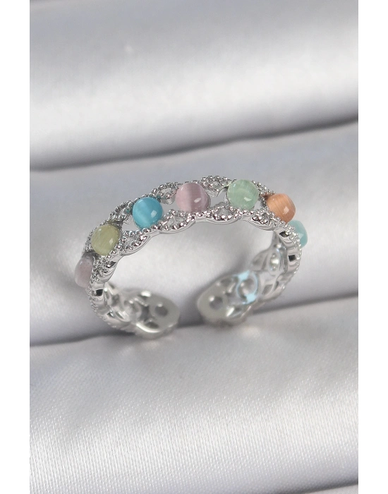 ® Pirinç Gümüş Renk Renkli Mineli Ayarlanabilir Kadın Yüzük