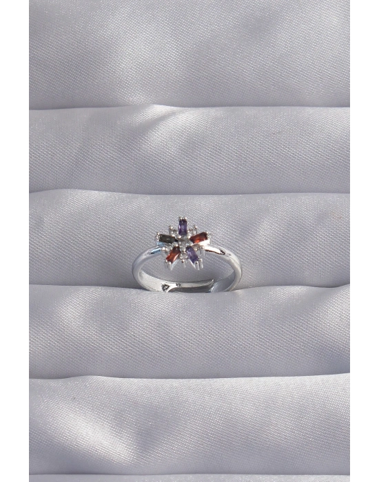 ® Pirinç Gümüş Renk Renkli Zirkon Taşlı Ayarlamalı Yüzük