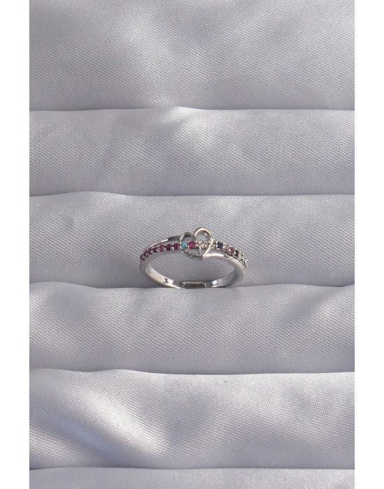 ® Pirinç Gümüş Renk Renkli Zirkon Taşlı Ayarlamalı Yüzük