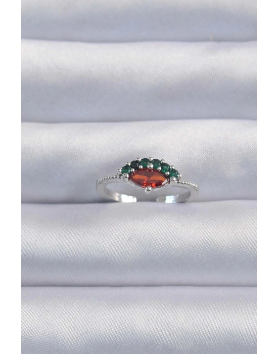 ® Pirinç Gümüş Renk Renkli Zirkon Taşlı Ayarlanabilir Karpuz Model Yüzük