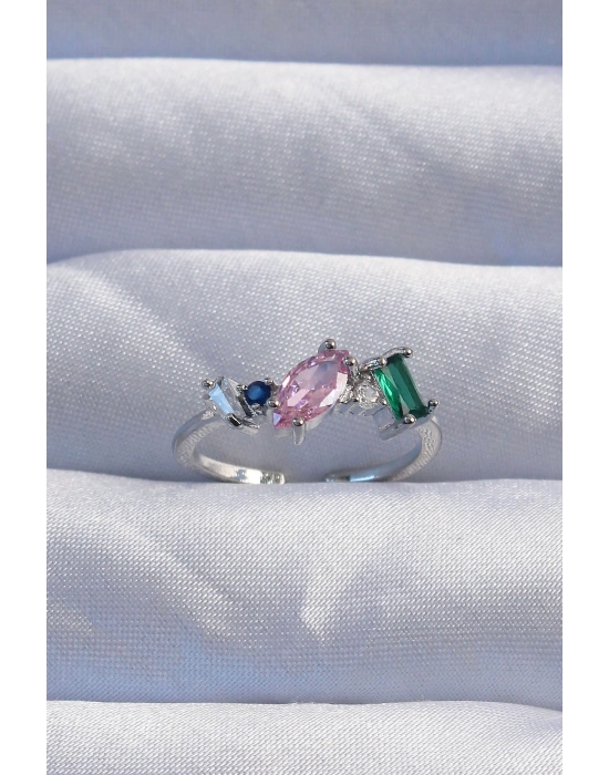 ® Pirinç Gümüş Renk Renkli Zirkon Taşlı Ayarlanabilir Yüzük