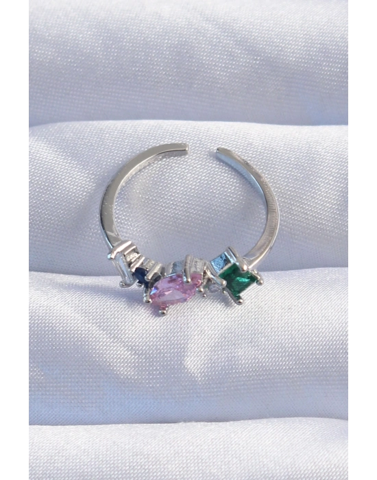 ® Pirinç Gümüş Renk Renkli Zirkon Taşlı Ayarlanabilir Yüzük