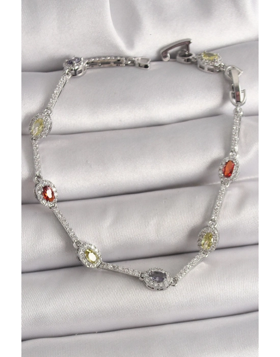 ® Pirinç Gümüş Renk Renkli Zirkon Taşlı Damla Taş Model Kadın Bileklik