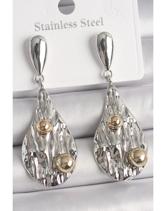 ® Pirinç Gümüş Renk Sallantı Damla Model Gold Topçuk Detay Kadın Küpe