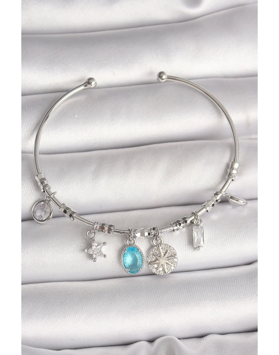 ® Pirinç Gümüş Renk Sallantı Pusula Figür Kalp Detay Charm Kadın Bileklik