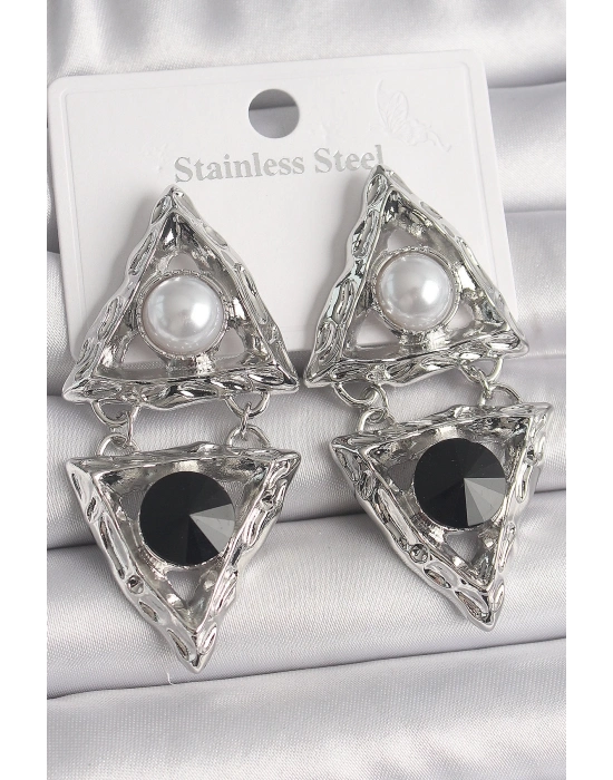 ® Pirinç Gümüş Renk Sallantı Üçgen Model İnci Detay Kadın Küpe